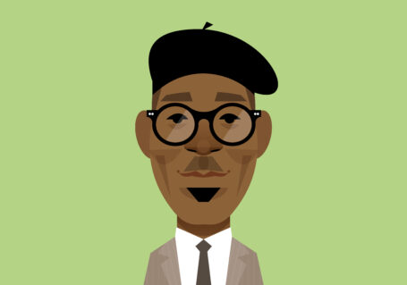 Cartoon illustration of a middle-aged black man wearing a white shirt, grey suit, with black rimmed glasses and black flat cap.